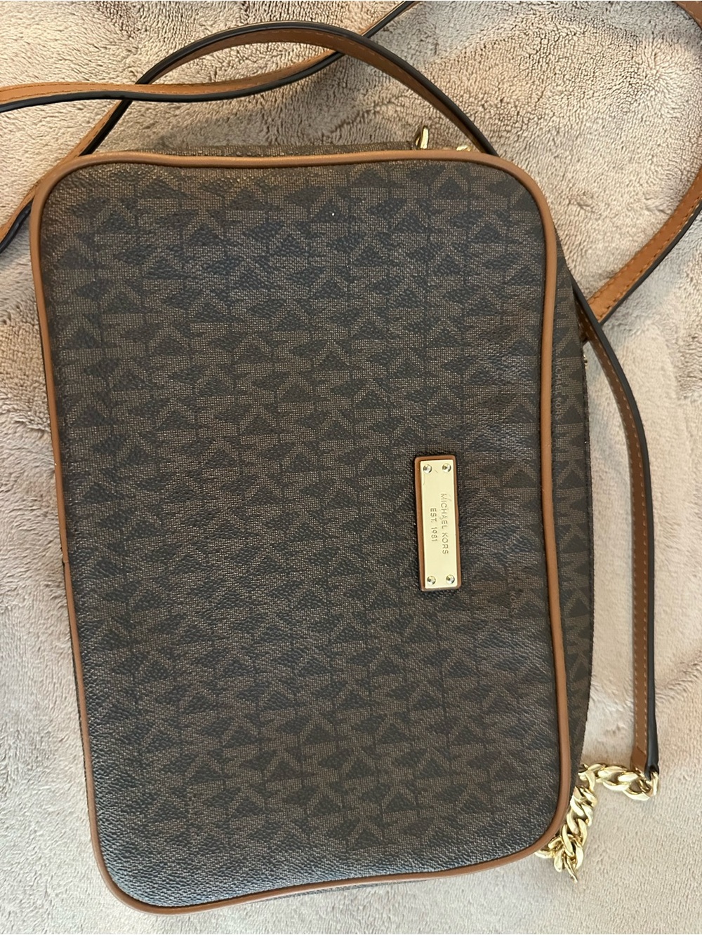 Michael Kors Brown Logo Crossbody with Gold Chain Trim